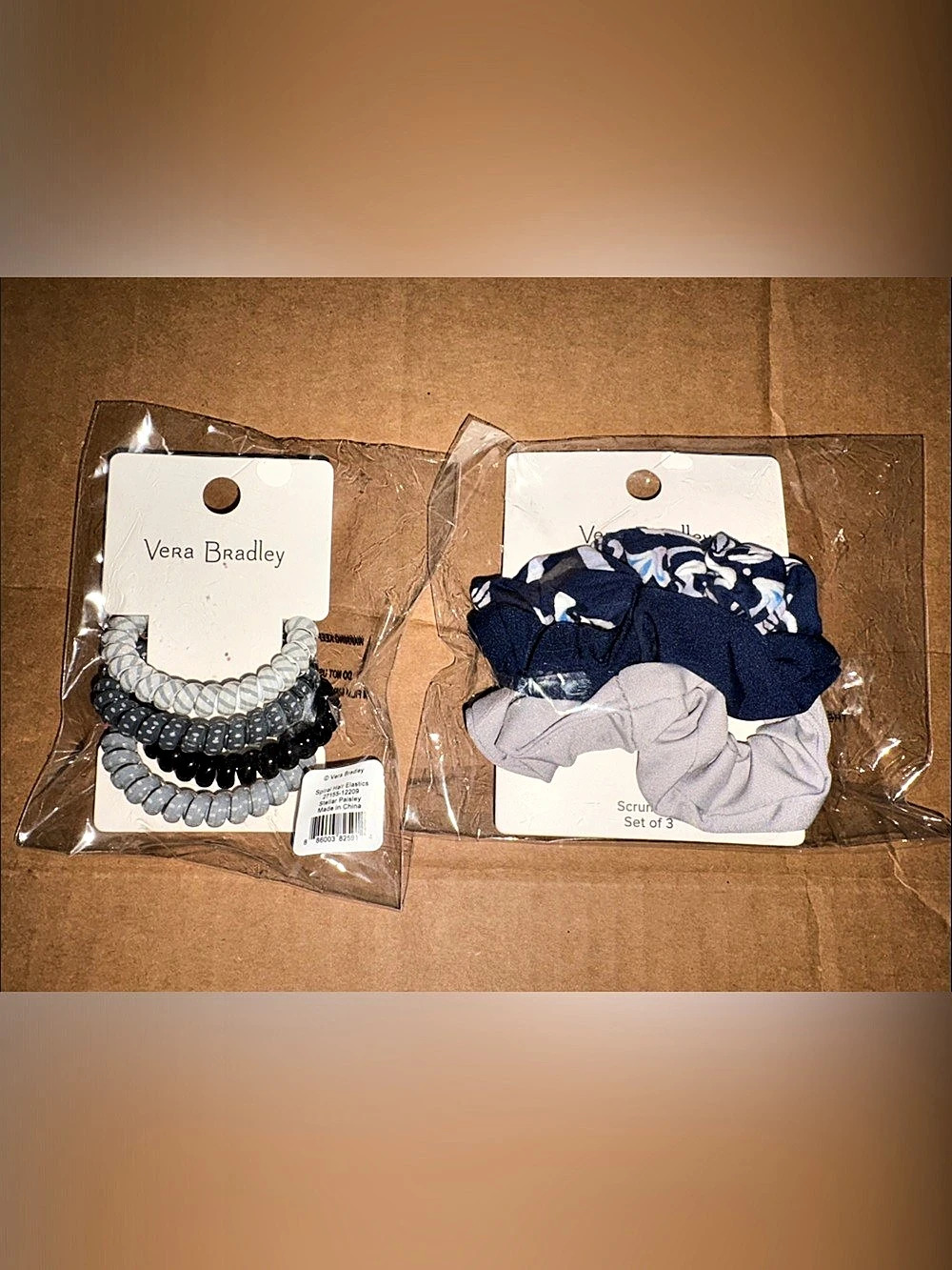 Vera Bradley Spiral Hair Elastics and Scrunchie Set Blue & Gray NWT